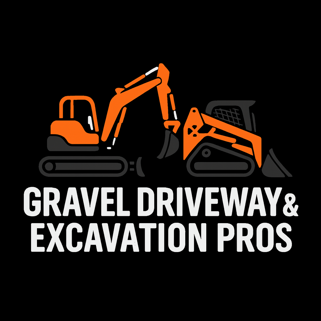 Orange excavator and bulldozer for gravel driveway construction