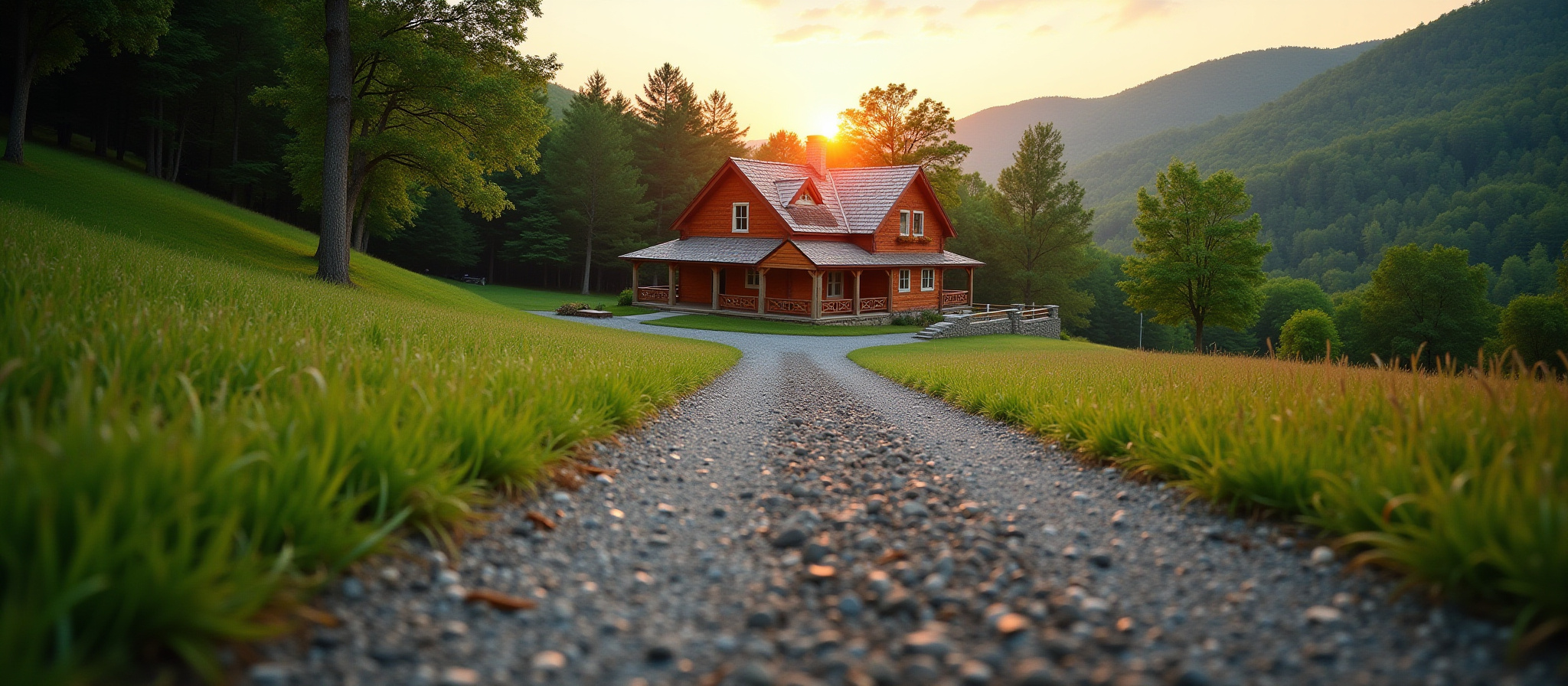 Wooden cabin on gravel path with sunset and mountains in background